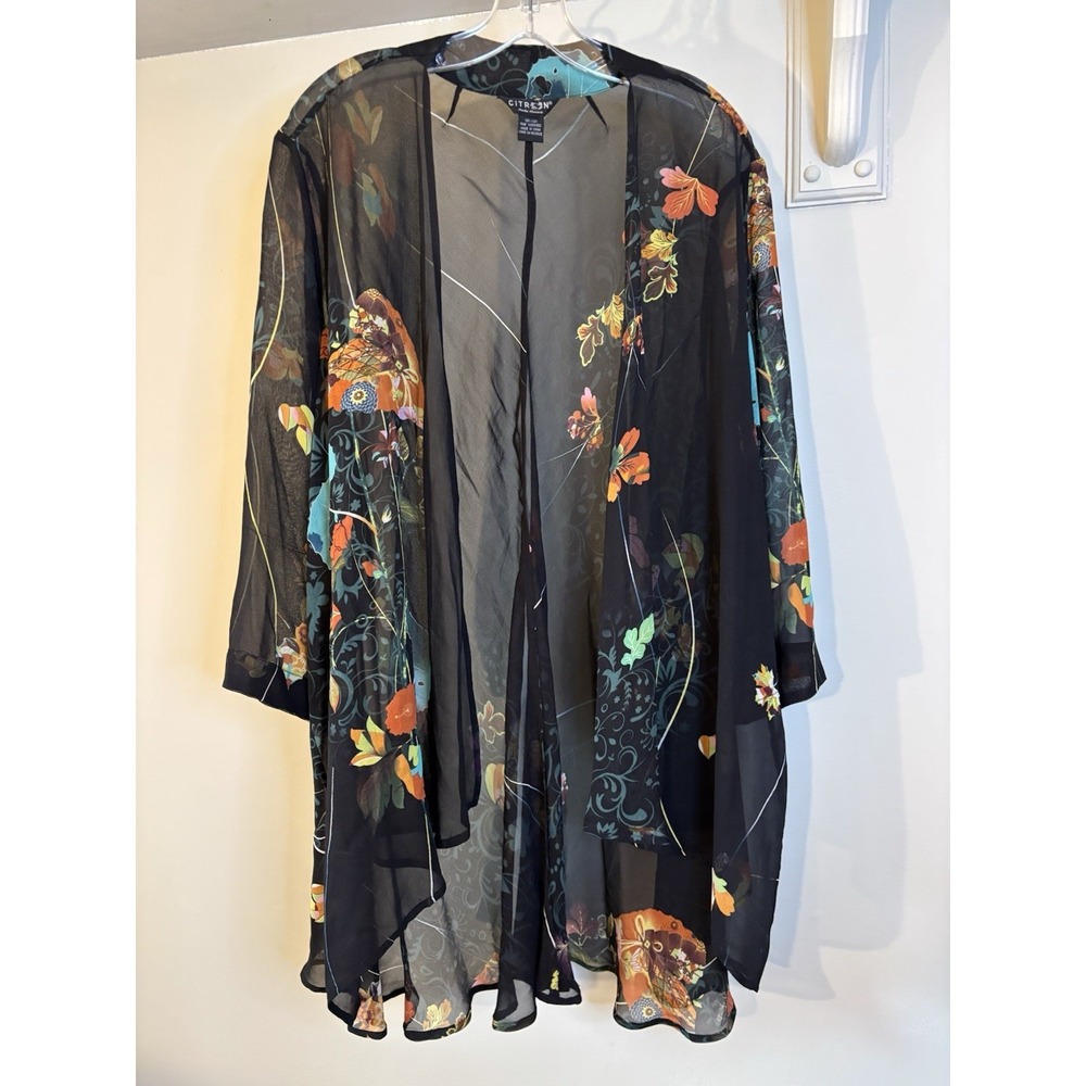 CITRON Santa Monica ‎ Black Floral Bird Silk Kimono OS Art To Wear Sheer